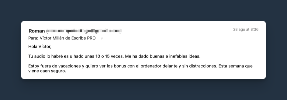Testimonio de Roman: Tu audio lo habré escuchado unas 10 o 15 veces. Me ha dado buenas e inefables ideas.