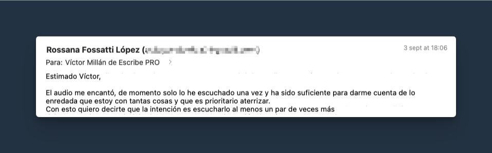 Testimonio de Rossana Fossatti López: El audio me encantó, de momento solo lo he escuchado una vez y ha sido suficiente para darme cuenta de lo enredada que estoy con tantas cosas y que es prioritario aterrizar.
